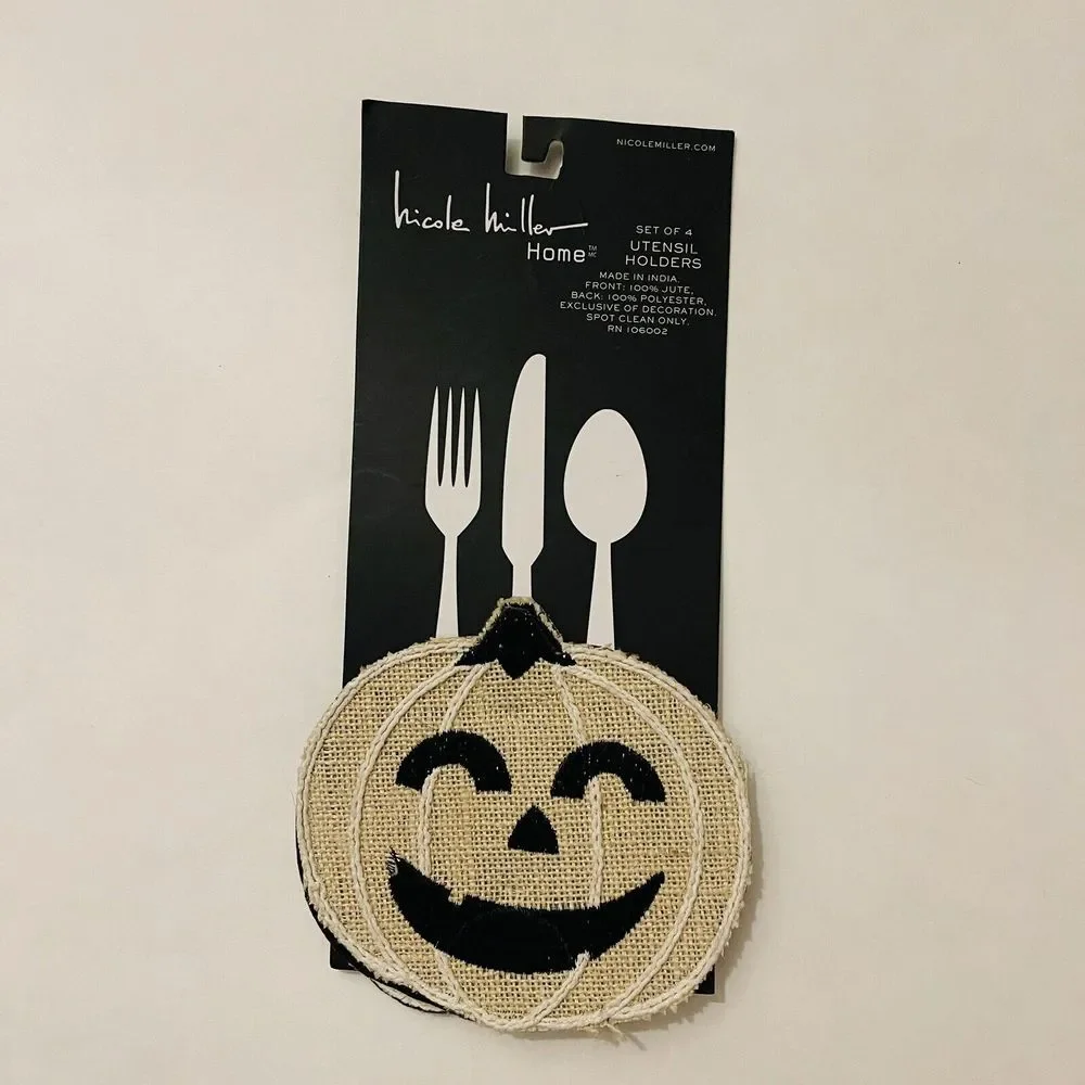 Set Of‎ 4 UTENSIL HOLDERS HALLOWEEN Tablescape Jute Pumpkins Farmhouse Decor